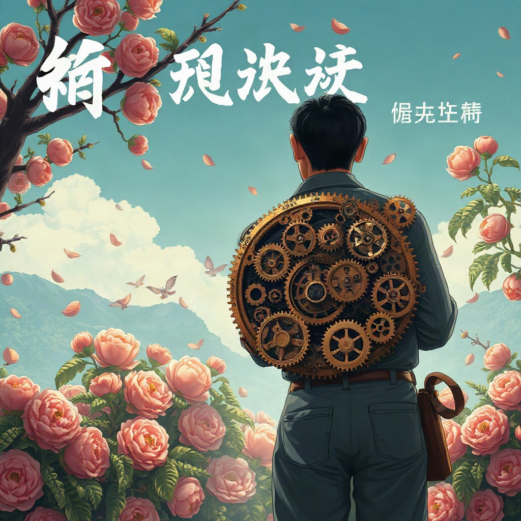 AI漫剧《机械桃花源》场景海报，齿轮结构的桃园与修表匠背影